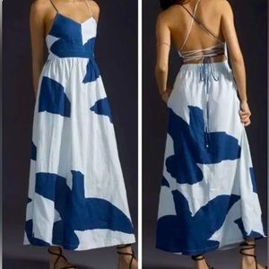 Anthropologie The Odell’s Linen Blend Navy and White Strappy back dress